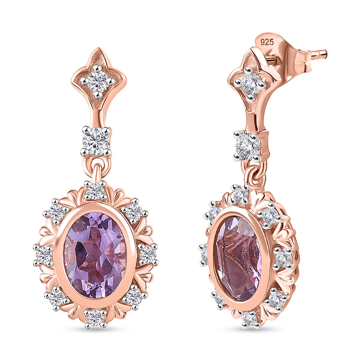 D'Joy Rose De France Amethyst & White Zircon Dangling Earring with  Push Back in Rose Gold Plated Sterling Silver 2.95 Ct.
