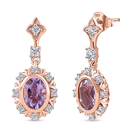 D'Joy Rose De France Amethyst & White Zircon Dangling Earring with  Push Back in Rose Gold Plated Sterling Silver 2.95 Ct.