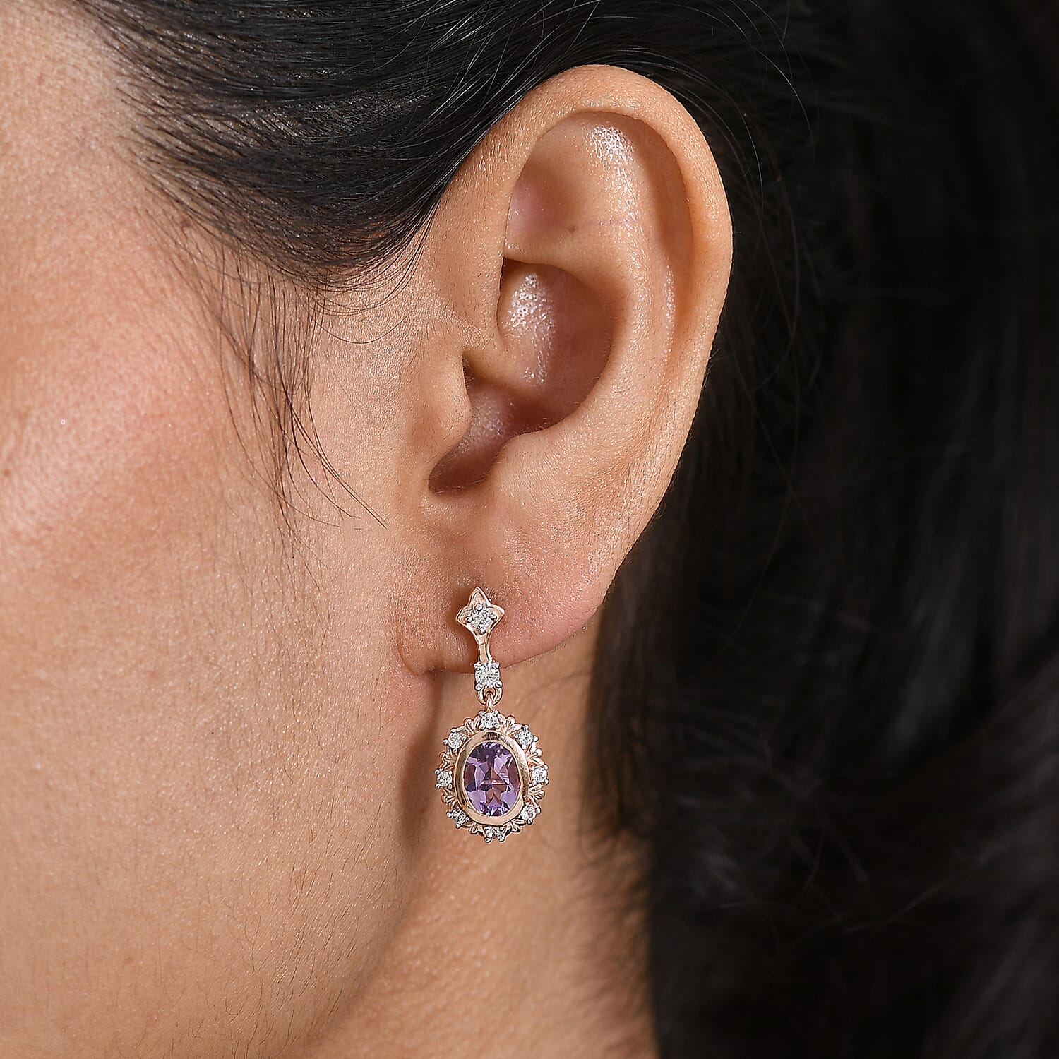 D'Joy Rose De France Amethyst & White Zircon Dangling Earring with  Push Back in Rose Gold Plated Sterling Silver 2.95 Ct.