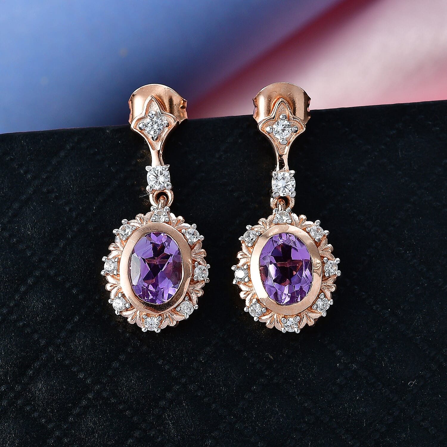 D'Joy Rose De France Amethyst & White Zircon Dangling Earring with  Push Back in Rose Gold Plated Sterling Silver 2.95 Ct.