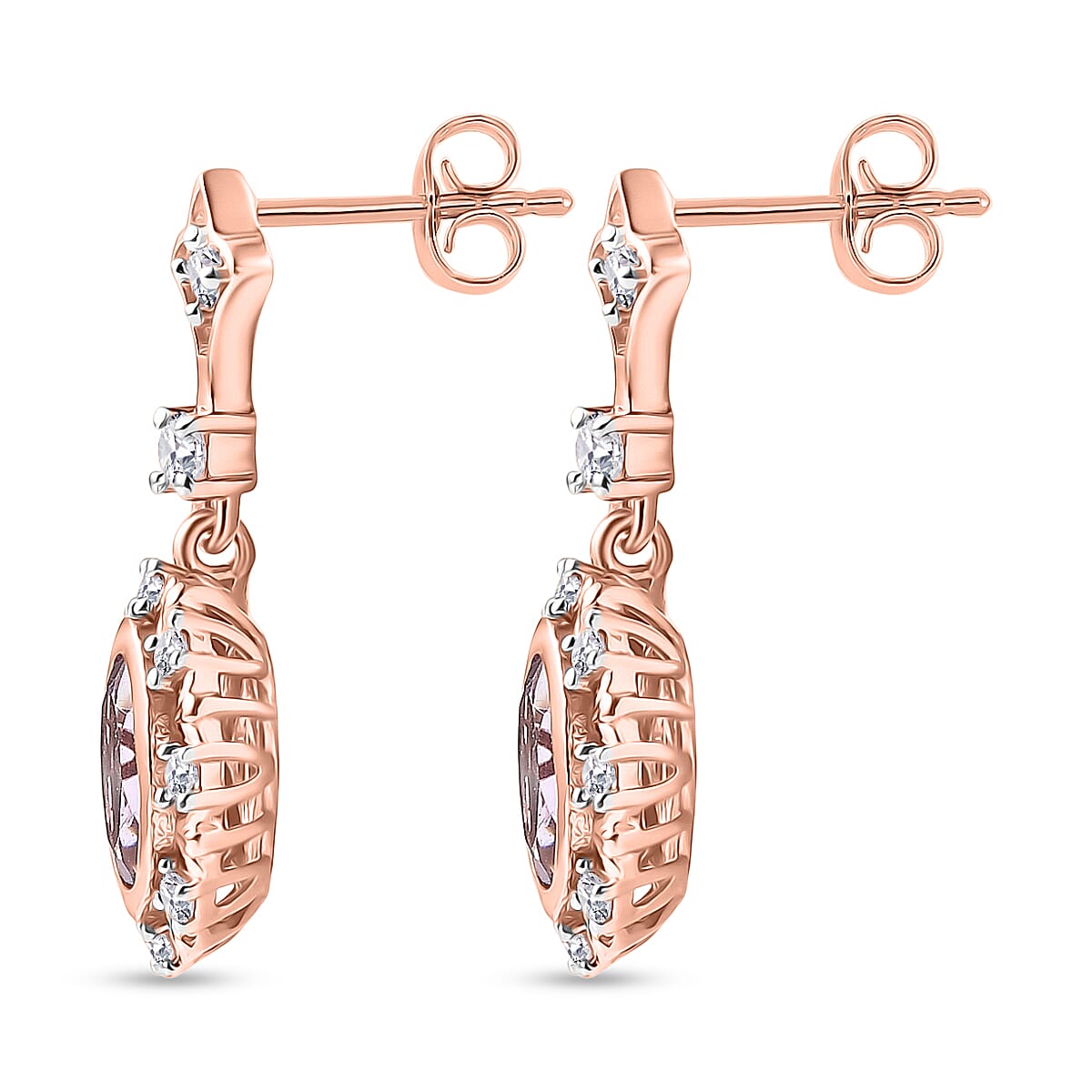D'Joy Rose De France Amethyst & White Zircon Dangling Earring with  Push Back in Rose Gold Plated Sterling Silver 2.95 Ct.