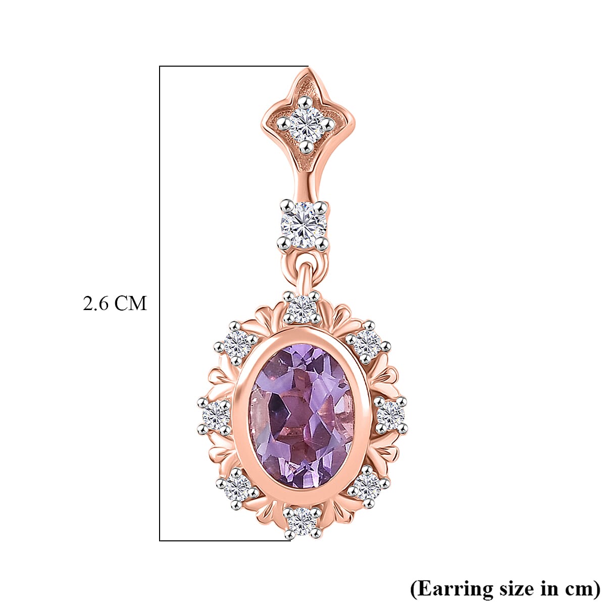 D'Joy Rose De France Amethyst & White Zircon Dangling Earring with  Push Back in Rose Gold Plated Sterling Silver 2.95 Ct.