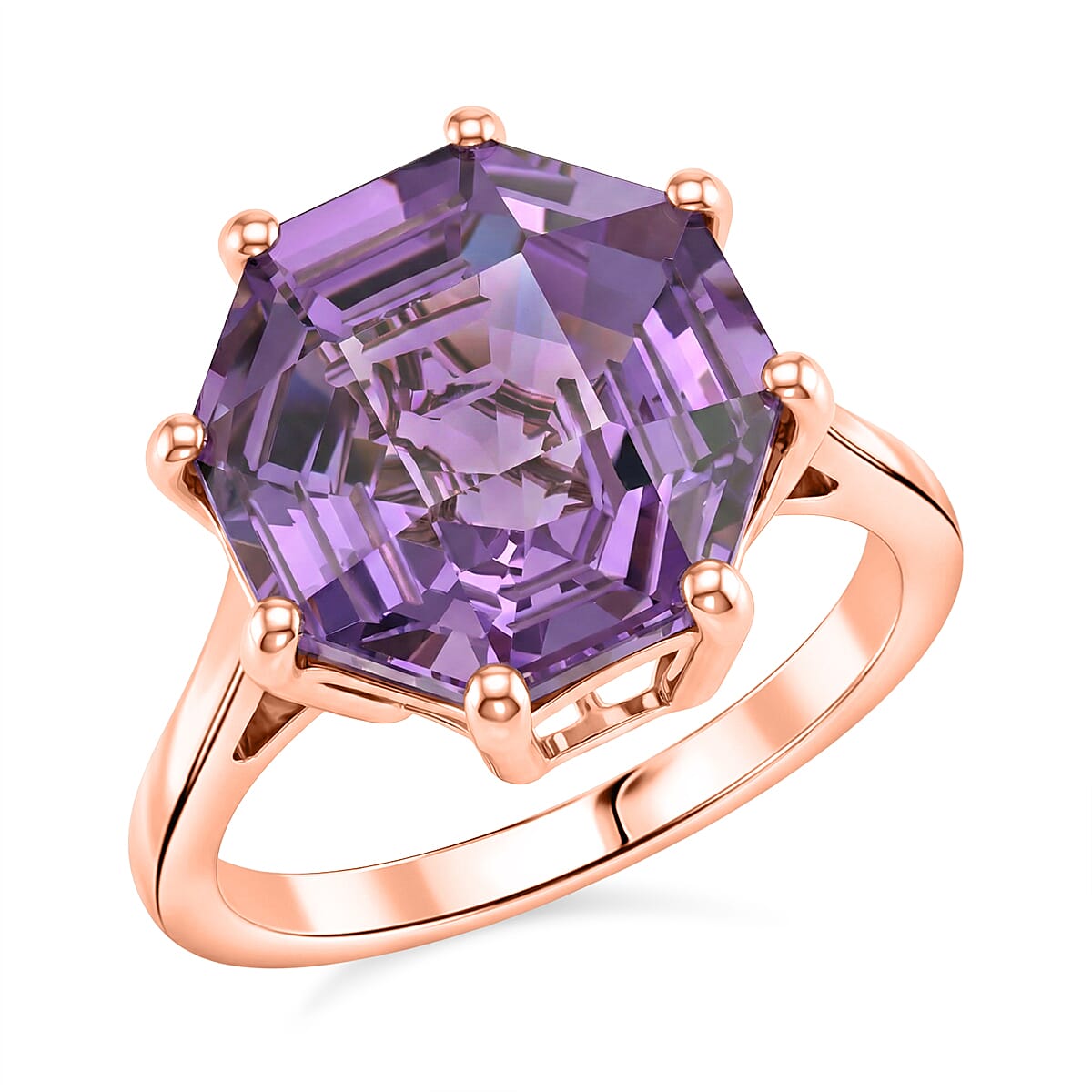 D'Joy Rose De France Amethyst Solitaire Ring in Rose Gold Plated Sterling Silver 6.40 Ct.