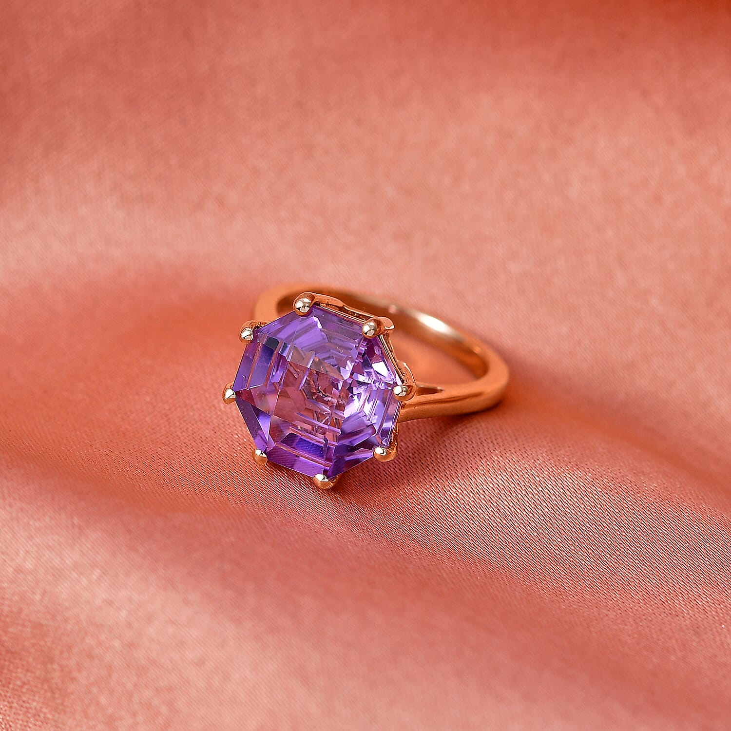D'Joy Rose De France Amethyst Solitaire Ring in Rose Gold Plated Sterling Silver 6.40 Ct.