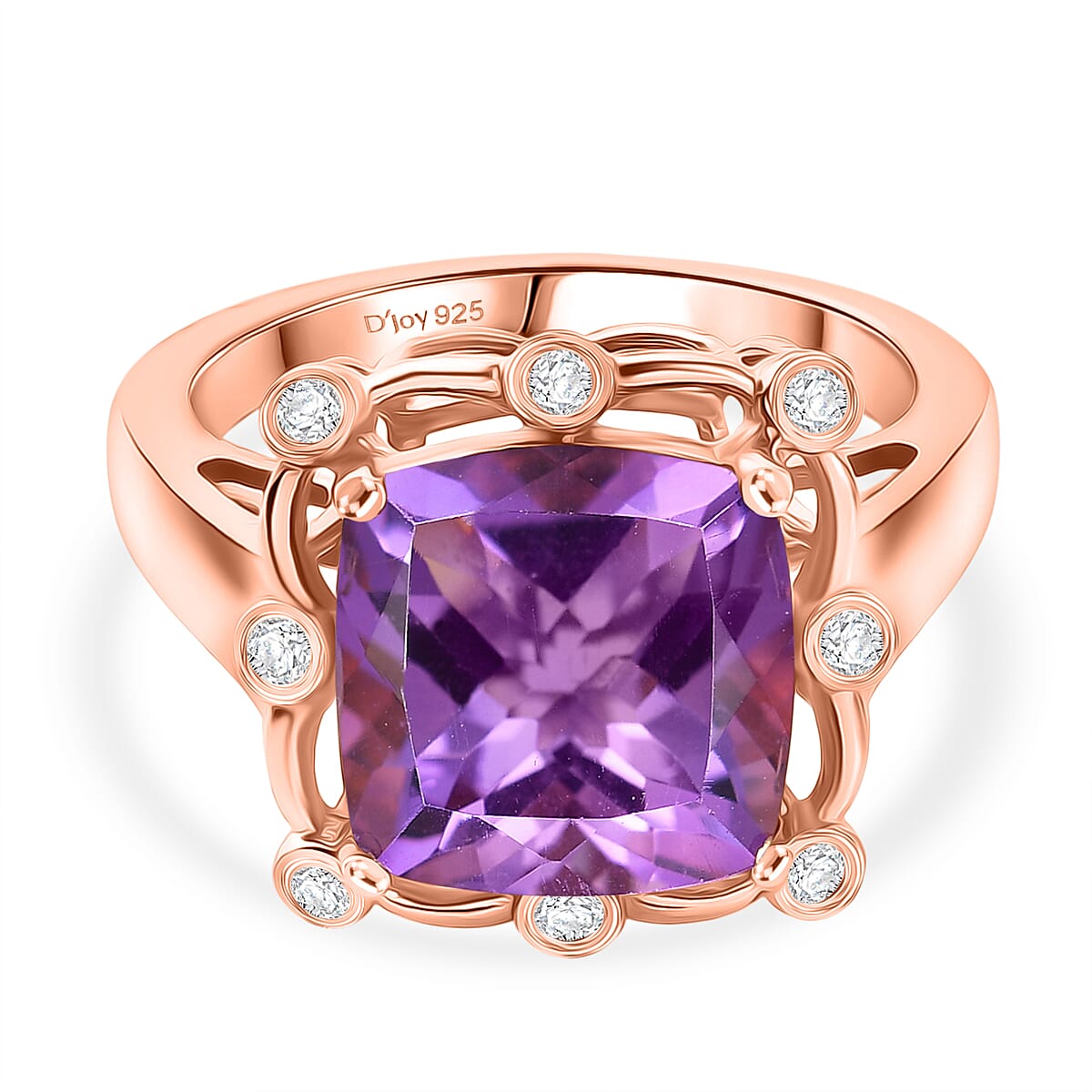 D'Joy AAA Rose De France Amethyst & White Zircon Cushion-Cut Halo Ring in Rose Gold Plated Sterling Silver 4.50 Ct.