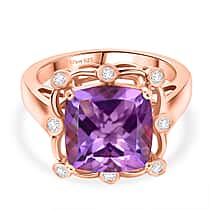 D'Joy AAA Rose De France Amethyst & White Zircon Cushion-Cut Halo Ring in Rose Gold Plated Sterling Silver 4.50 Ct.