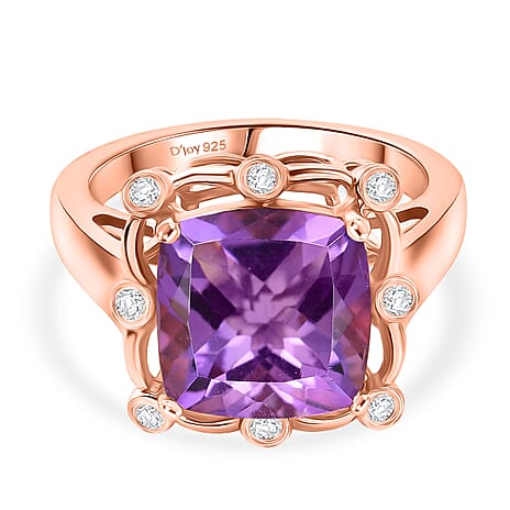 D'Joy AAA Rose De France Amethyst & White Zircon Cushion-Cut Halo Ring in Rose Gold Plated Sterling Silver 4.50 Ct.