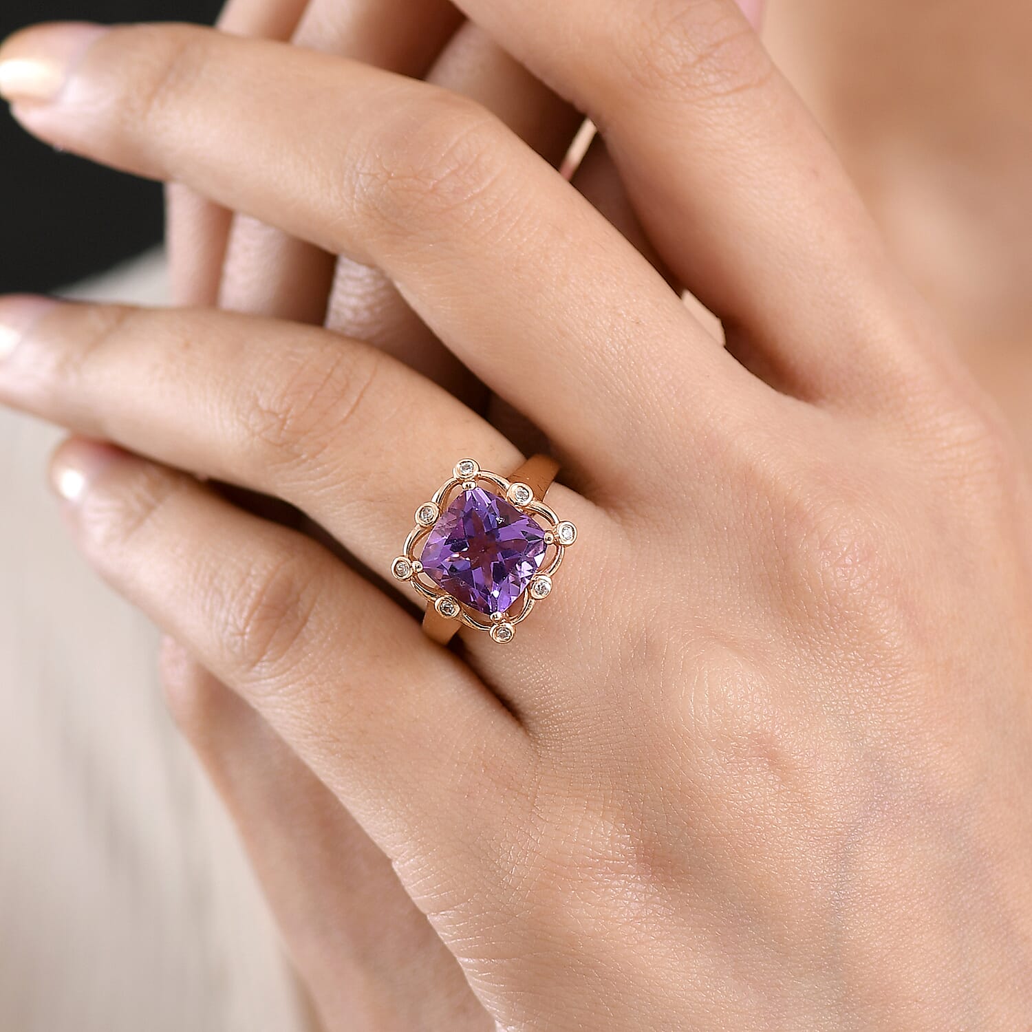 D'Joy AAA Rose De France Amethyst & White Zircon Cushion-Cut Halo Ring in Rose Gold Plated Sterling Silver 4.50 Ct.