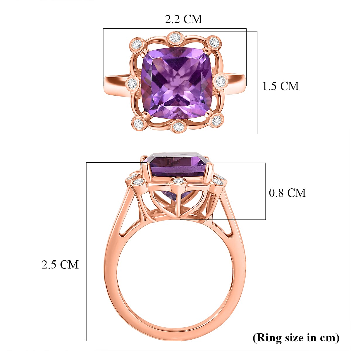 D'Joy AAA Rose De France Amethyst & White Zircon Cushion-Cut Halo Ring in Rose Gold Plated Sterling Silver 4.50 Ct.