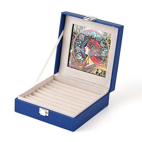 LIVMORE Multi-Slot Ring Storage Box with Suncatcher Glass Window (15.5 x 15.5 x 5.5 cm) - Blue