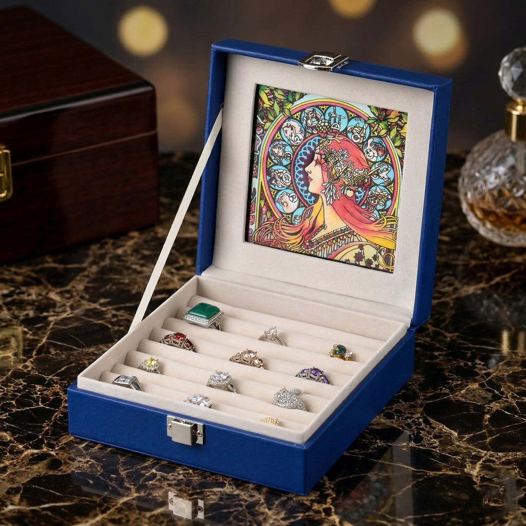 LIVMORE Multi-Slot Ring Storage Box with Suncatcher Glass Window (15.5 x 15.5 x 5.5 cm) - Blue