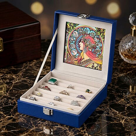 LIVMORE Multi-Slot Ring Storage Box with Suncatcher Glass Window (15.5 x 15.5 x 5.5 cm) - Blue