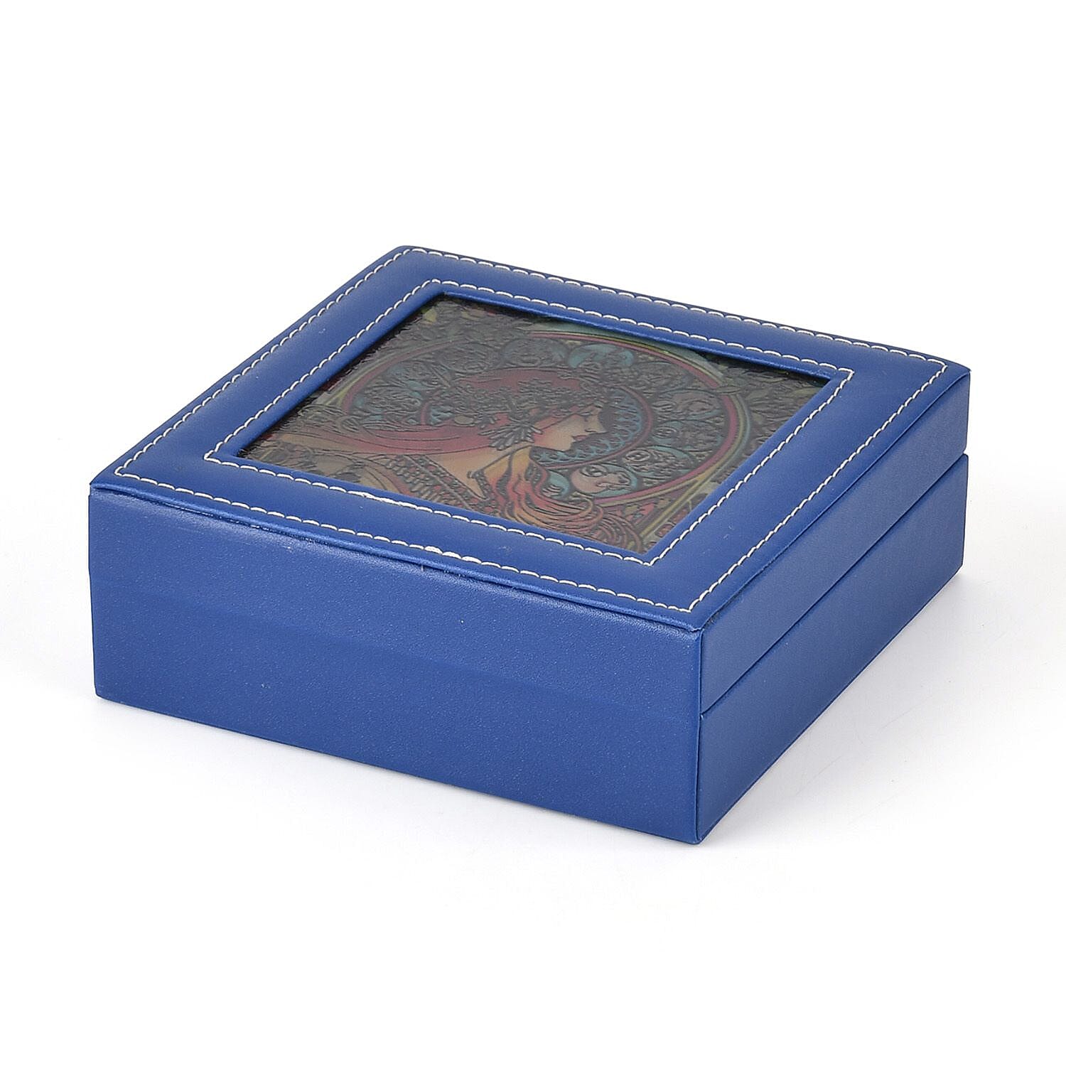 LIVMORE Multi-Slot Ring Storage Box with Suncatcher Glass Window (15.5 x 15.5 x 5.5 cm) - Blue