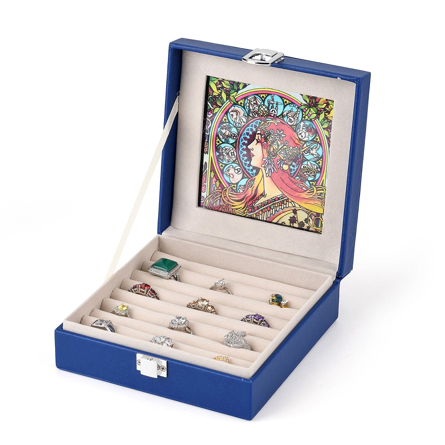 LIVMORE Multi-Slot Ring Storage Box with Suncatcher Glass Window (15.5 x 15.5 x 5.5 cm) - Blue