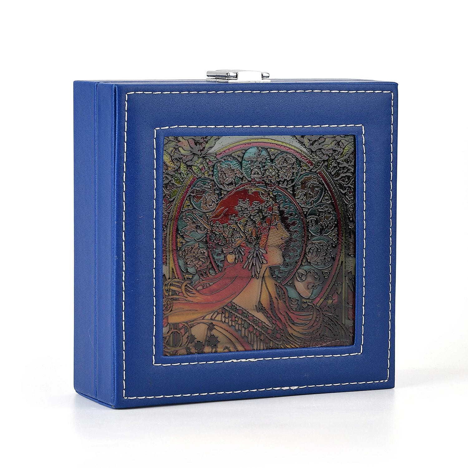 LIVMORE Multi-Slot Ring Storage Box with Suncatcher Glass Window (15.5 x 15.5 x 5.5 cm) - Blue