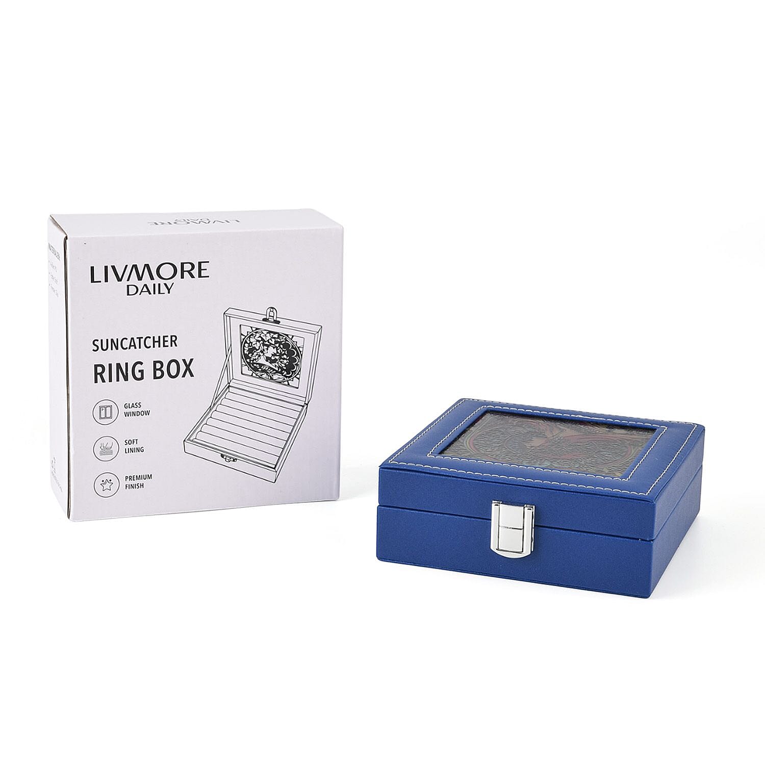 LIVMORE Multi-Slot Ring Storage Box with Suncatcher Glass Window (15.5 x 15.5 x 5.5 cm) - Blue