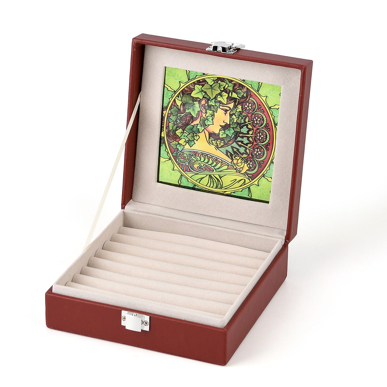 LIVMORE Multi-Slot Ring Storage Box with Suncatcher Glass Window (15.5 x 15.5 x 5.5 cm) - Brown