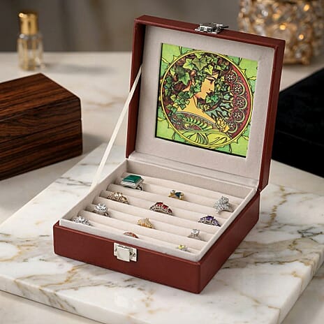 LIVMORE Multi-Slot Ring Storage Box with Suncatcher Glass Window (15.5 x 15.5 x 5.5 cm) - Brown