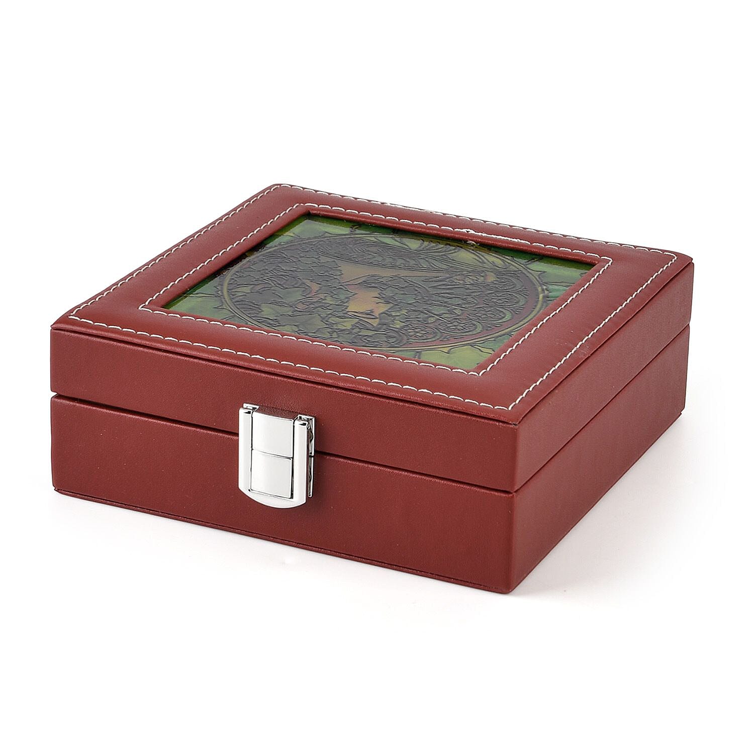 LIVMORE Multi-Slot Ring Storage Box with Suncatcher Glass Window (15.5 x 15.5 x 5.5 cm) - Brown