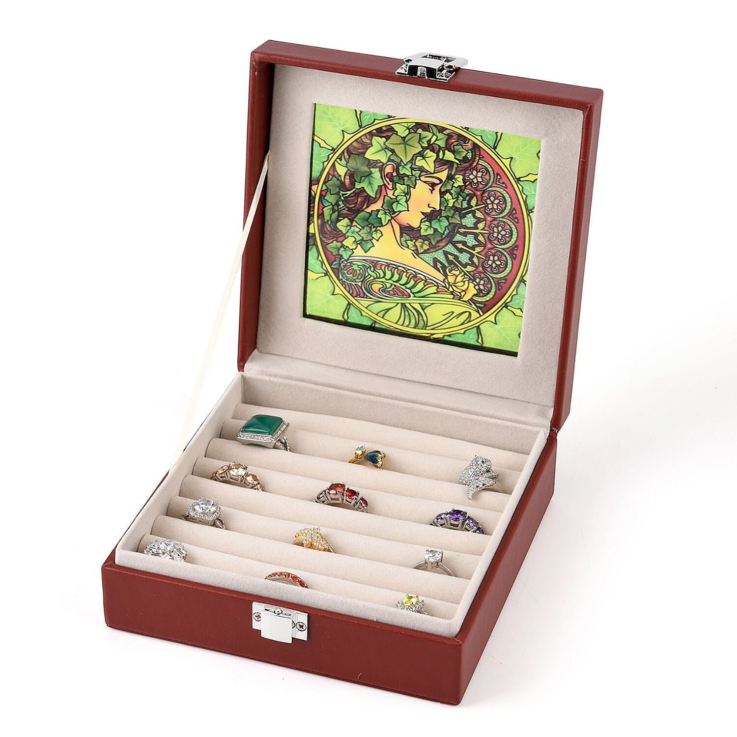 LIVMORE Multi-Slot Ring Storage Box with Suncatcher Glass Window (15.5 x 15.5 x 5.5 cm) - Brown
