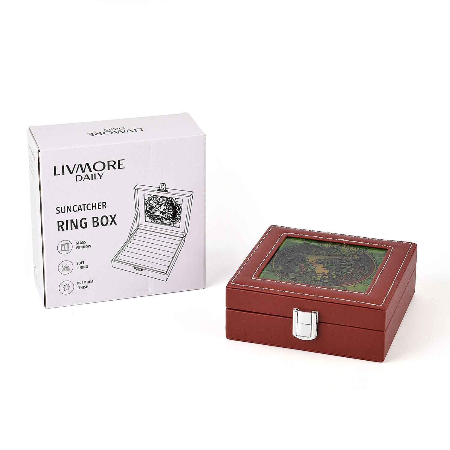 LIVMORE Multi-Slot Ring Storage Box with Suncatcher Glass Window (15.5 x 15.5 x 5.5 cm) - Brown