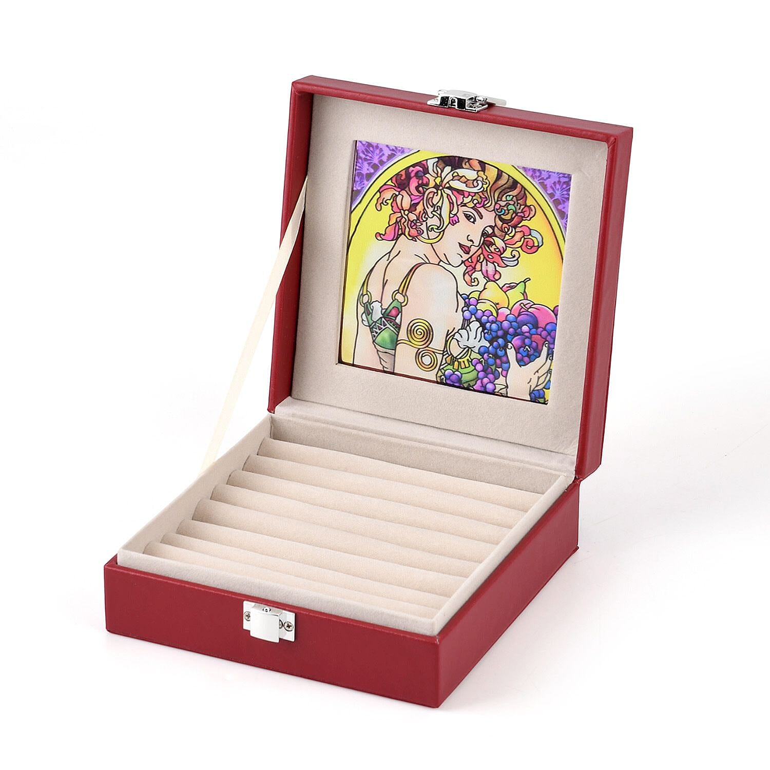 LIVMORE Multi-Slot Ring Storage Box with Suncatcher Glass Window (15.5 x 15.5 x 5.5 cm) - Wine Red