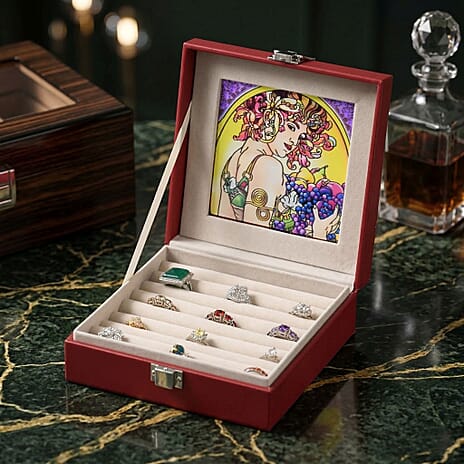 LIVMORE Multi-Slot Ring Storage Box with Suncatcher Glass Window (15.5 x 15.5 x 5.5 cm) - Wine Red