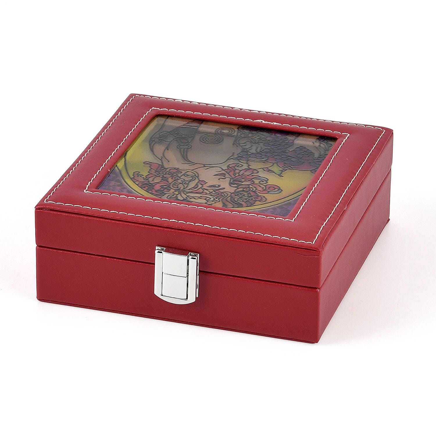 LIVMORE Multi-Slot Ring Storage Box with Suncatcher Glass Window (15.5 x 15.5 x 5.5 cm) - Wine Red