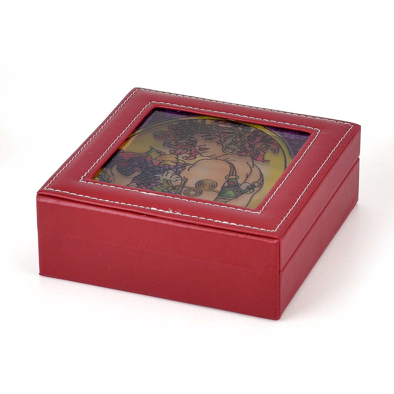 LIVMORE Multi-Slot Ring Storage Box with Suncatcher Glass Window (15.5 x 15.5 x 5.5 cm) - Wine Red