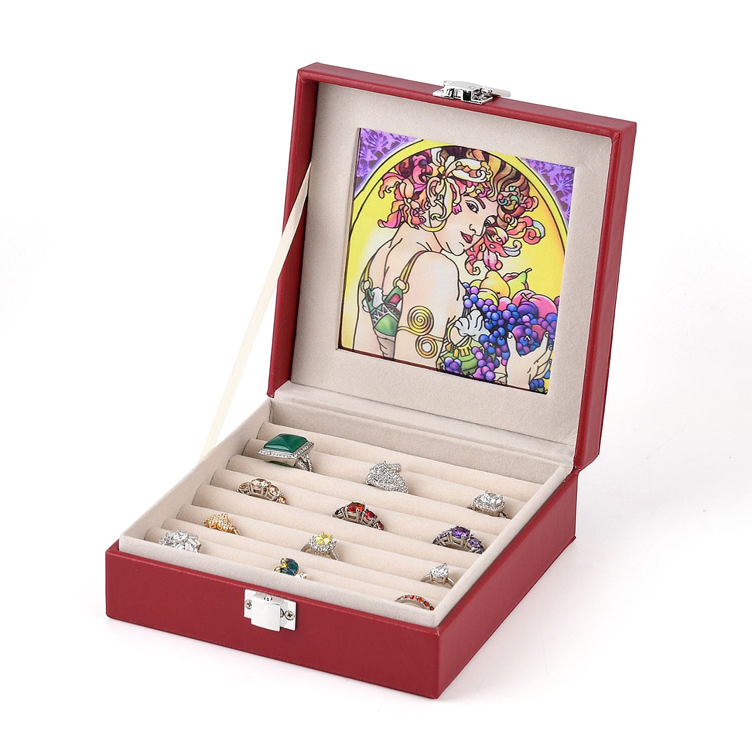LIVMORE Multi-Slot Ring Storage Box with Suncatcher Glass Window (15.5 x 15.5 x 5.5 cm) - Wine Red