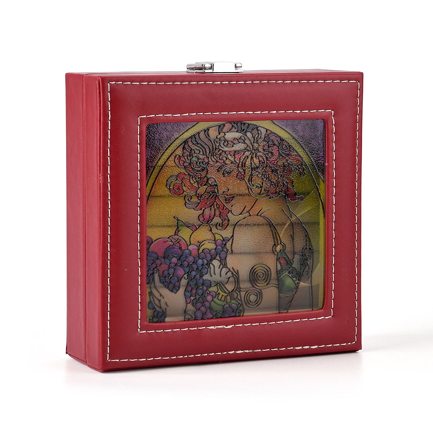 LIVMORE Multi-Slot Ring Storage Box with Suncatcher Glass Window (15.5 x 15.5 x 5.5 cm) - Wine Red