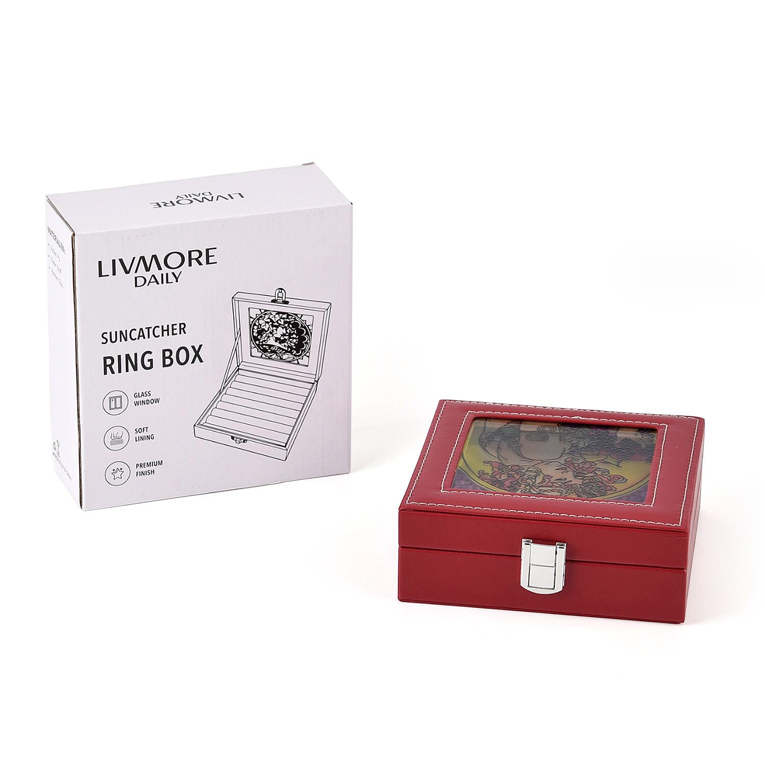 LIVMORE Multi-Slot Ring Storage Box with Suncatcher Glass Window (15.5 x 15.5 x 5.5 cm) - Wine Red