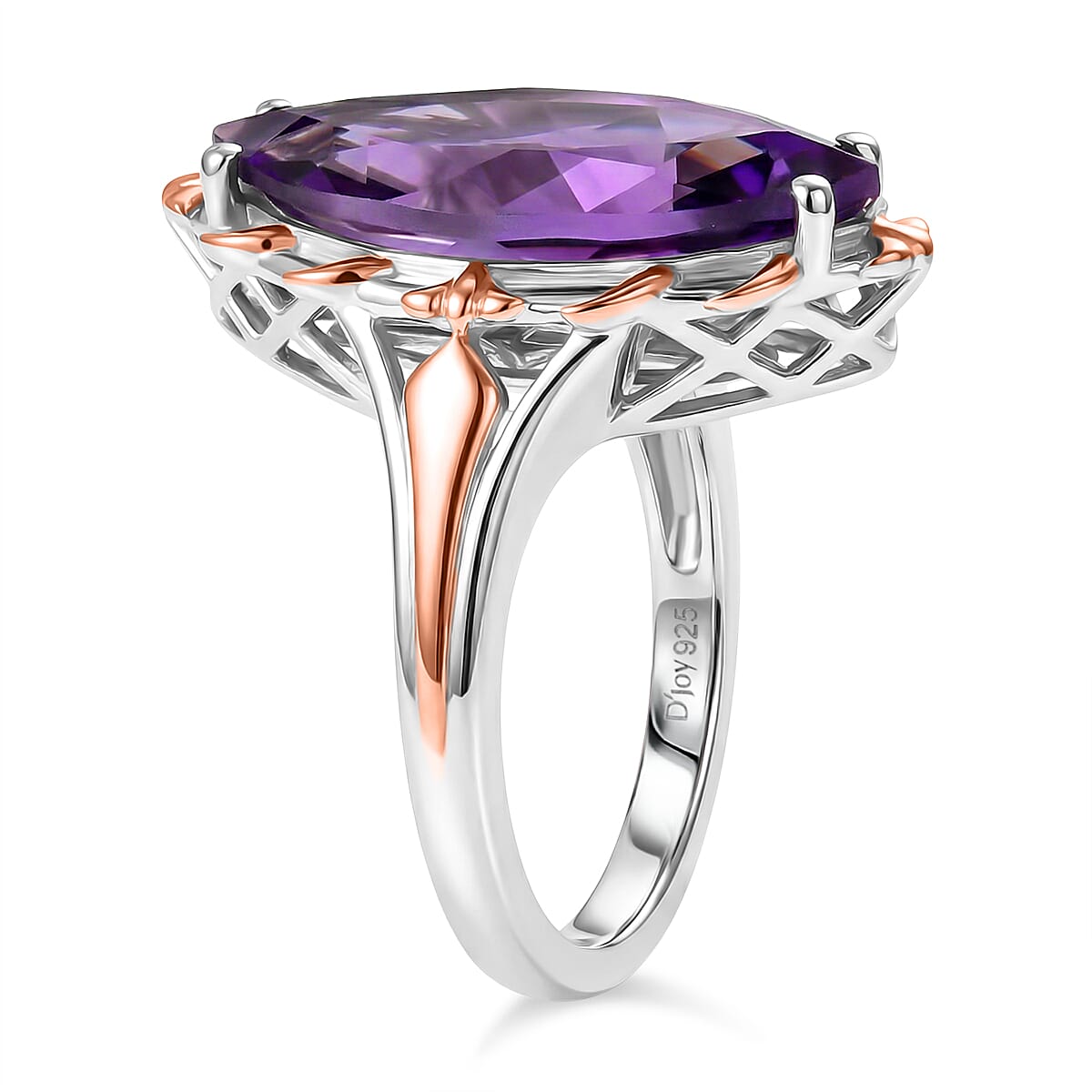 D'Joy Rose De France Amethyst Solitaire Ring in 18K Vermeil Rose Gold Plated & Rhodium Overlay Sterling Silver 7.40 Ct.