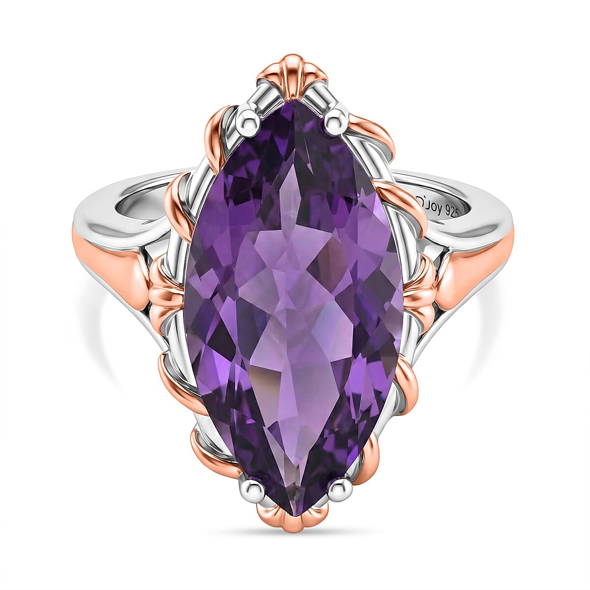 D'Joy Rose De France Amethyst Solitaire Ring in 18K Vermeil Rose Gold Plated & Rhodium Overlay Sterling Silver 7.40 Ct.