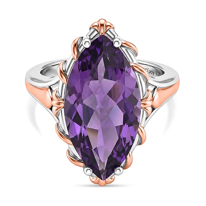 D'Joy Rose De France Amethyst Solitaire Ring in 18K Vermeil Rose Gold Plated & Rhodium Overlay Sterling Silver 7.40 Ct.
