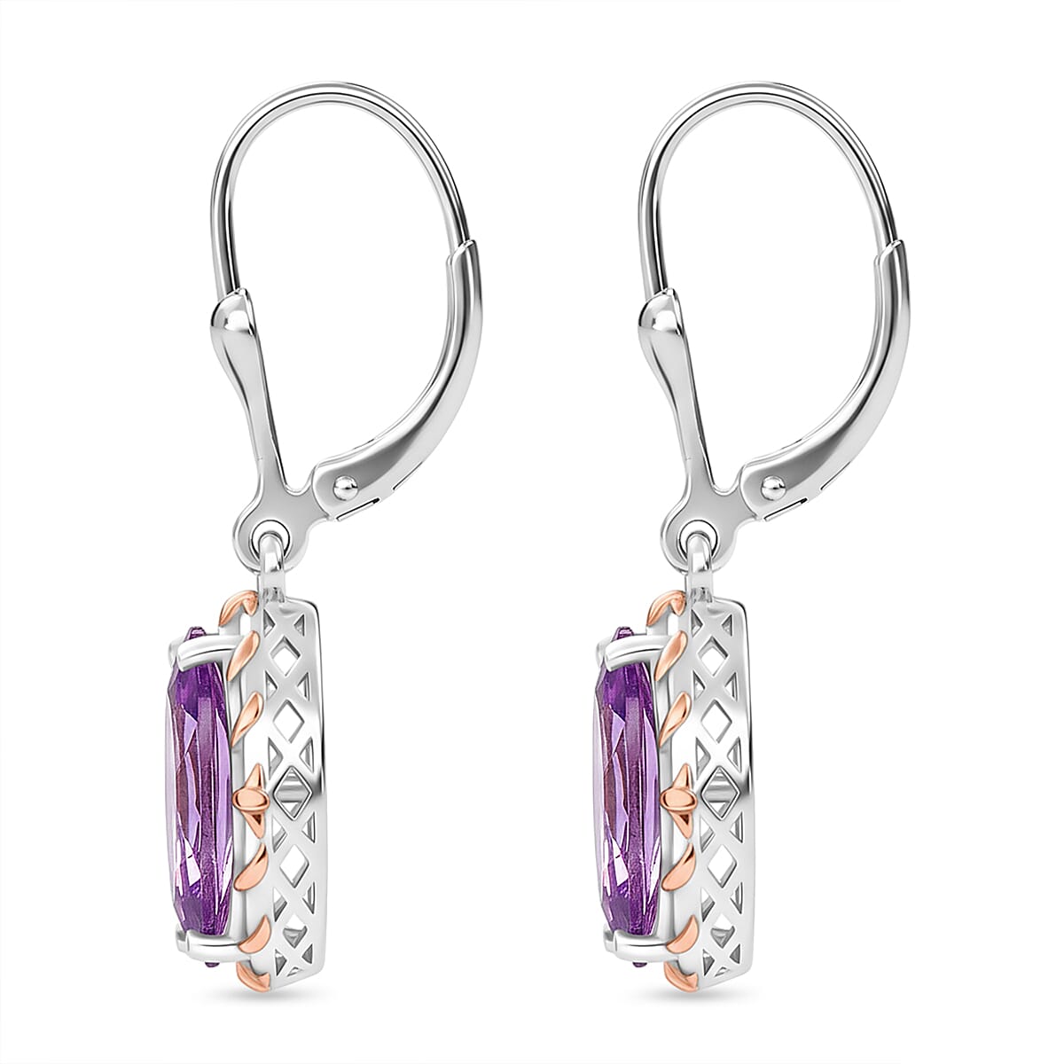 D'Joy AAA Rose De France Amethyst Solitaire Earring with Lever Back in Rose Gold Plated & Platinum Overlay Sterling Silver 3.44 Ct.