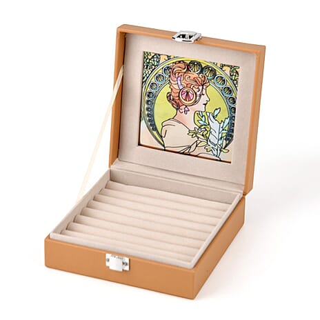 LIVMORE Multi-Slot Ring Storage Box with Suncatcher Glass Window (15.5 x 15.5 x 5.5 cm) - Beige