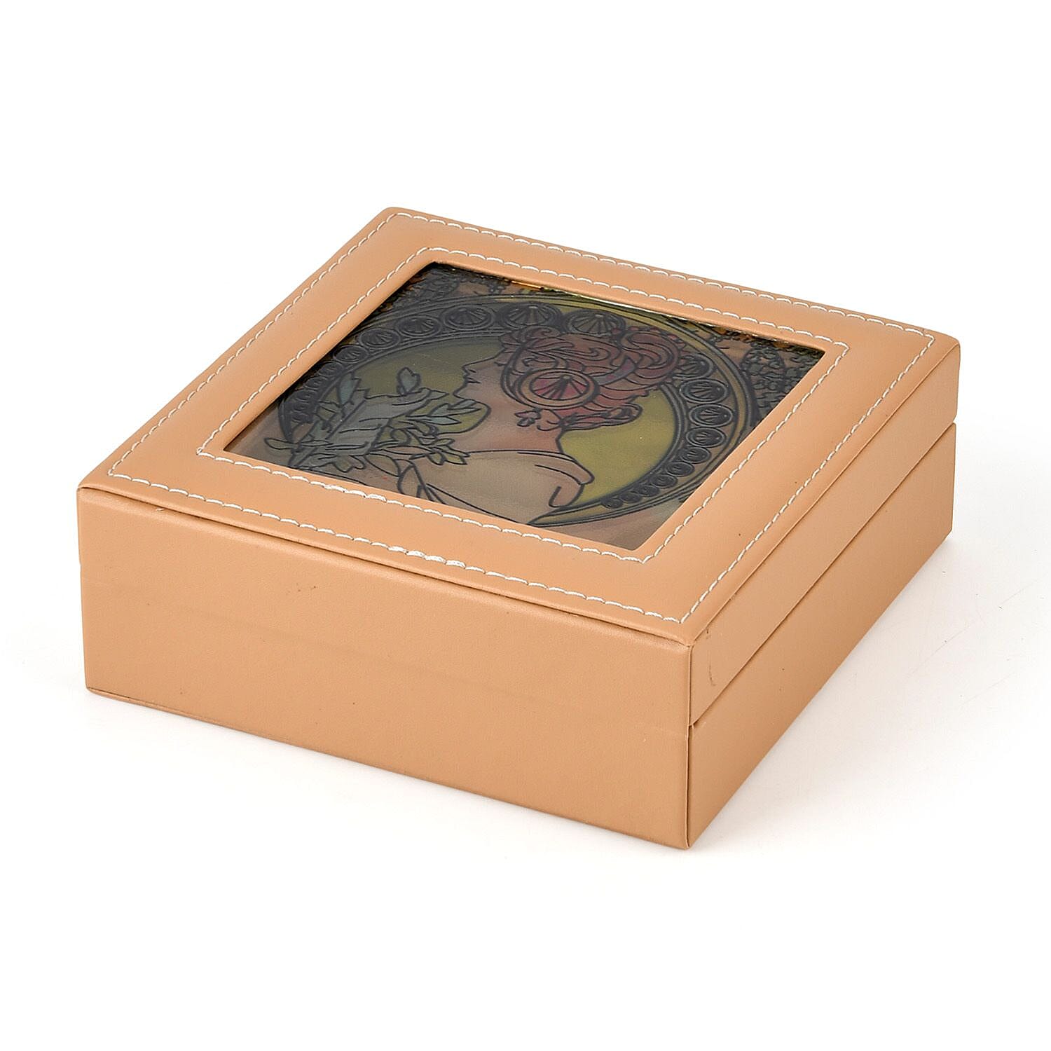 LIVMORE Multi-Slot Ring Storage Box with Suncatcher Glass Window (15.5 x 15.5 x 5.5 cm) - Beige