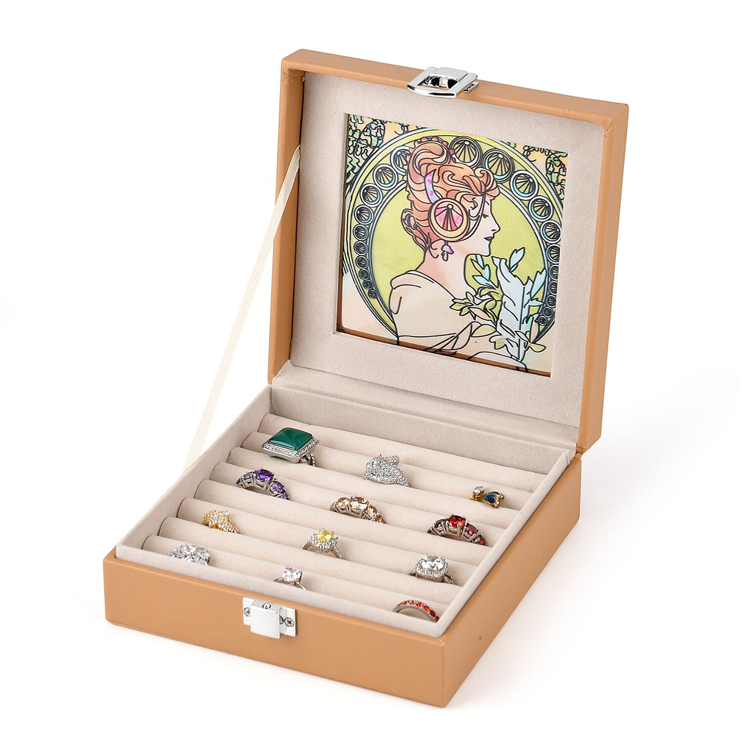 LIVMORE Multi-Slot Ring Storage Box with Suncatcher Glass Window (15.5 x 15.5 x 5.5 cm) - Beige