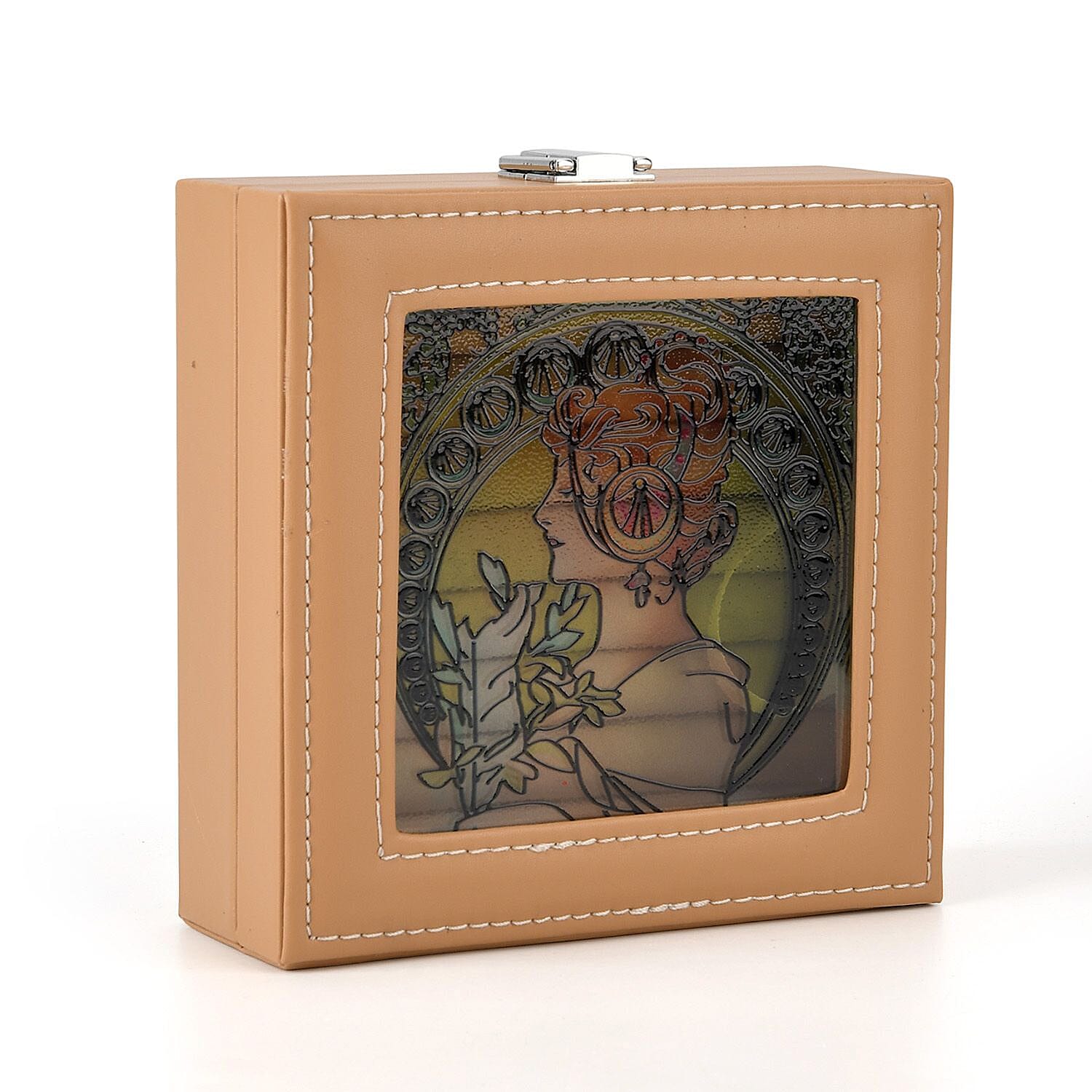 LIVMORE Multi-Slot Ring Storage Box with Suncatcher Glass Window (15.5 x 15.5 x 5.5 cm) - Beige