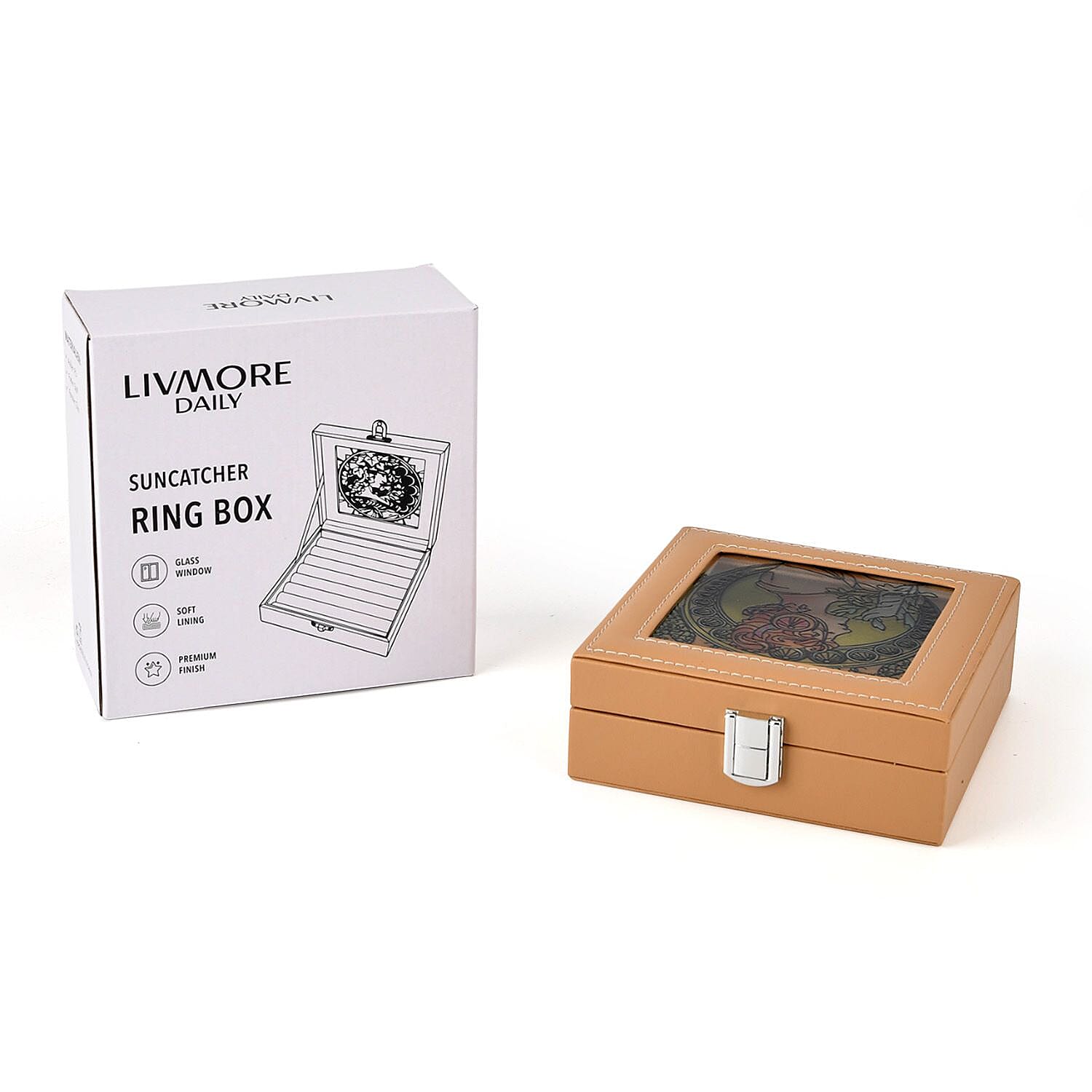 LIVMORE Multi-Slot Ring Storage Box with Suncatcher Glass Window (15.5 x 15.5 x 5.5 cm) - Beige