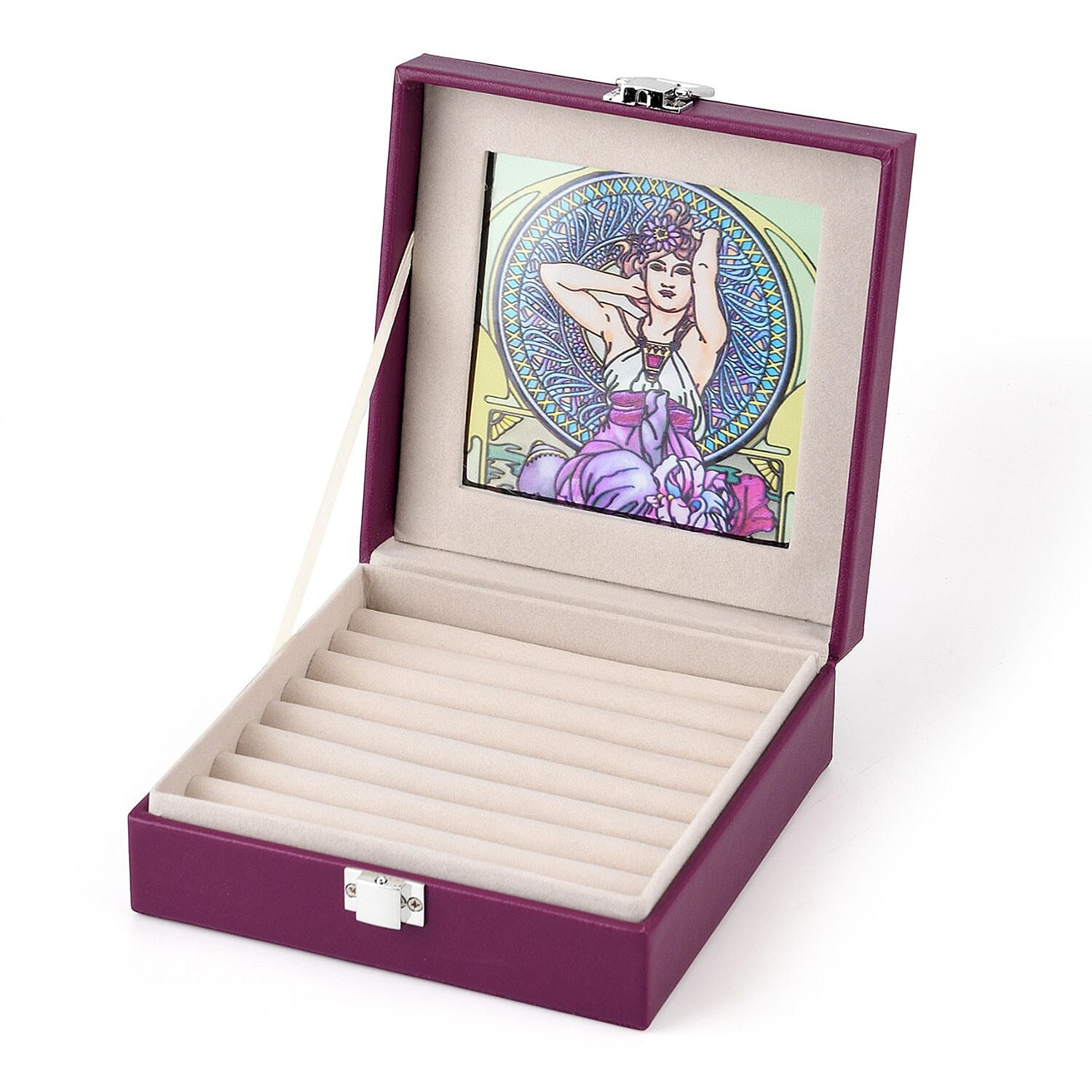 LIVMORE Multi-Slot Ring Storage Box with Suncatcher Glass Window (15.5 x 15.5 x 5.5 cm) - Purple