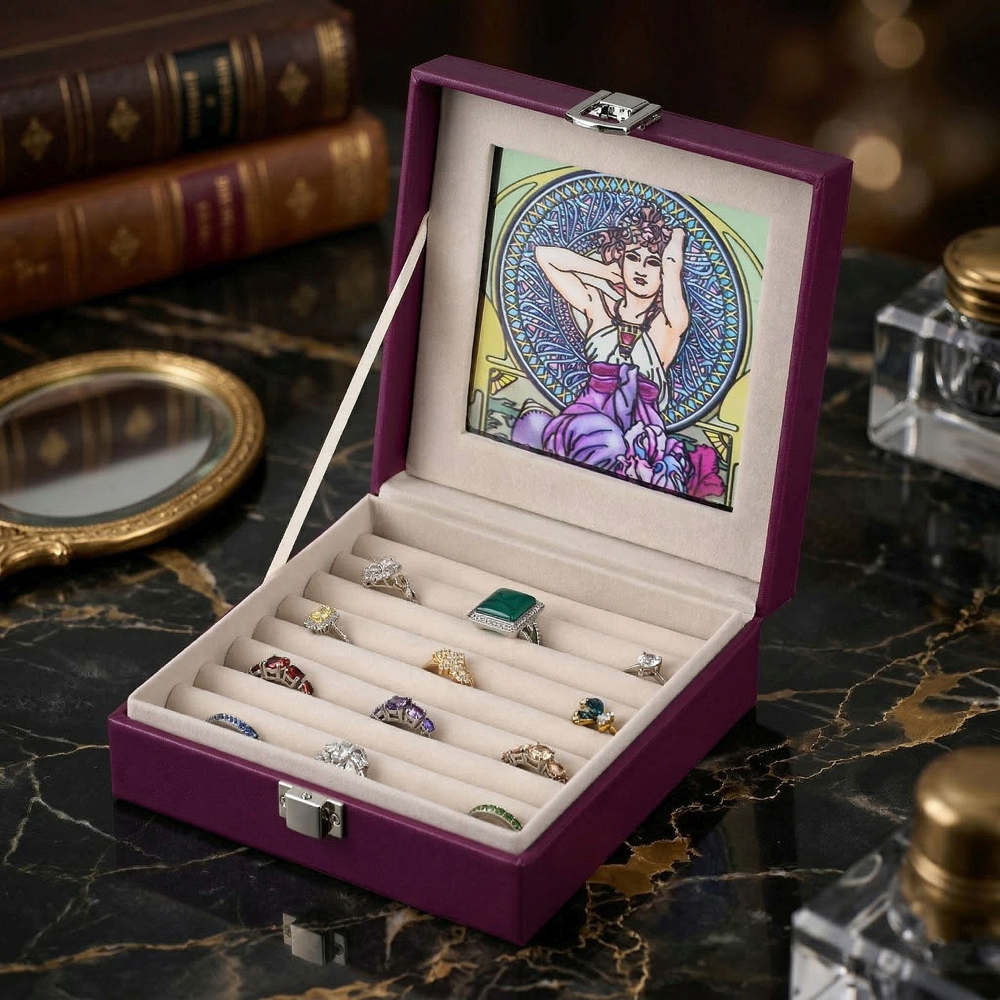 LIVMORE Multi-Slot Ring Storage Box with Suncatcher Glass Window (15.5 x 15.5 x 5.5 cm) - Purple
