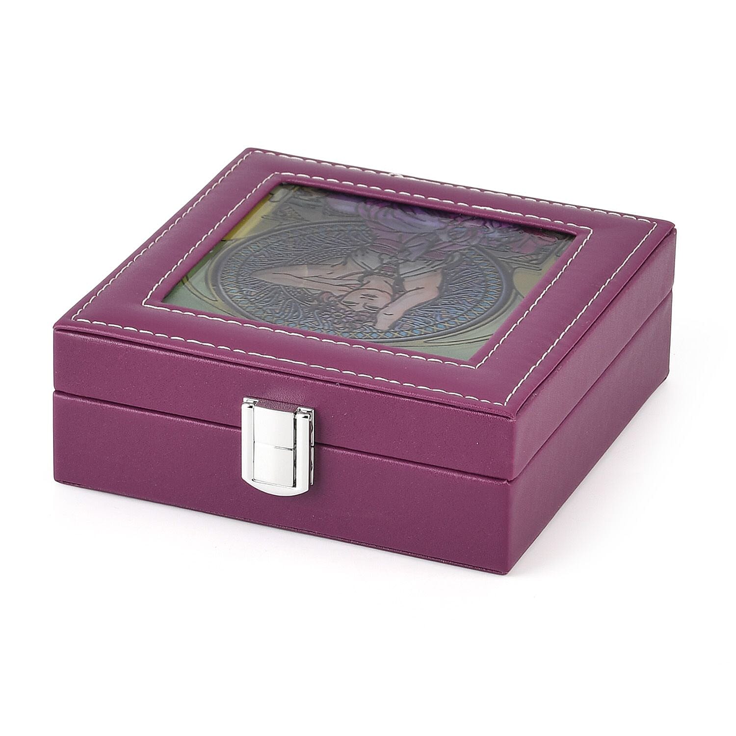 LIVMORE Multi-Slot Ring Storage Box with Suncatcher Glass Window (15.5 x 15.5 x 5.5 cm) - Purple