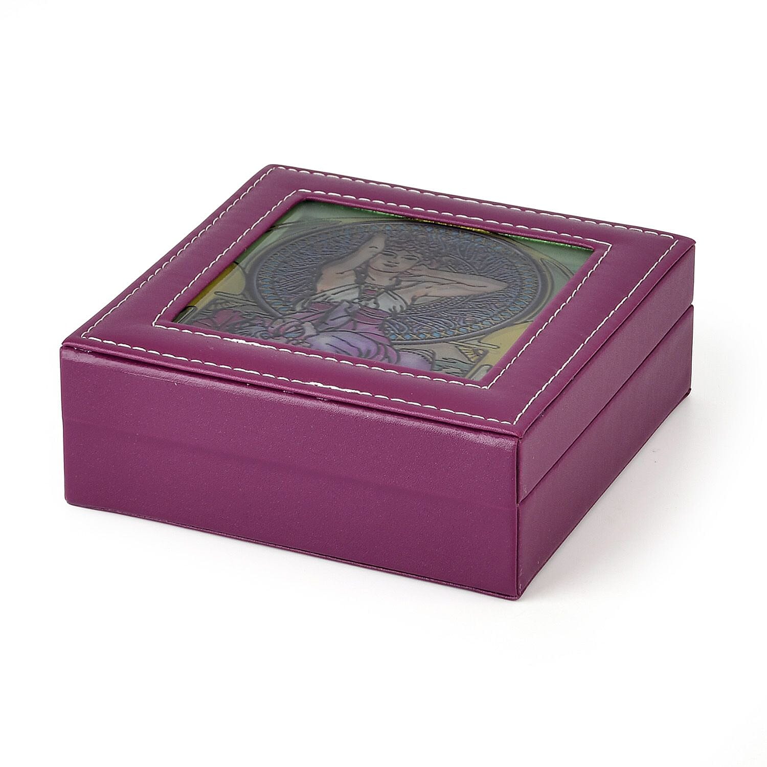 LIVMORE Multi-Slot Ring Storage Box with Suncatcher Glass Window (15.5 x 15.5 x 5.5 cm) - Purple