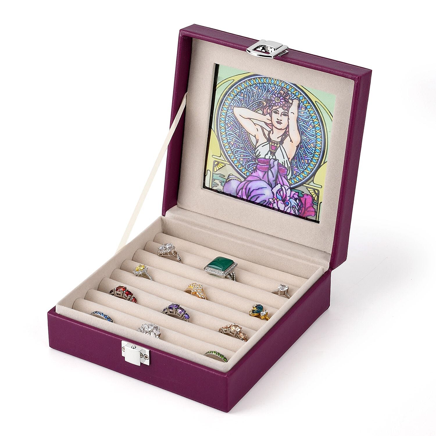 LIVMORE Multi-Slot Ring Storage Box with Suncatcher Glass Window (15.5 x 15.5 x 5.5 cm) - Purple