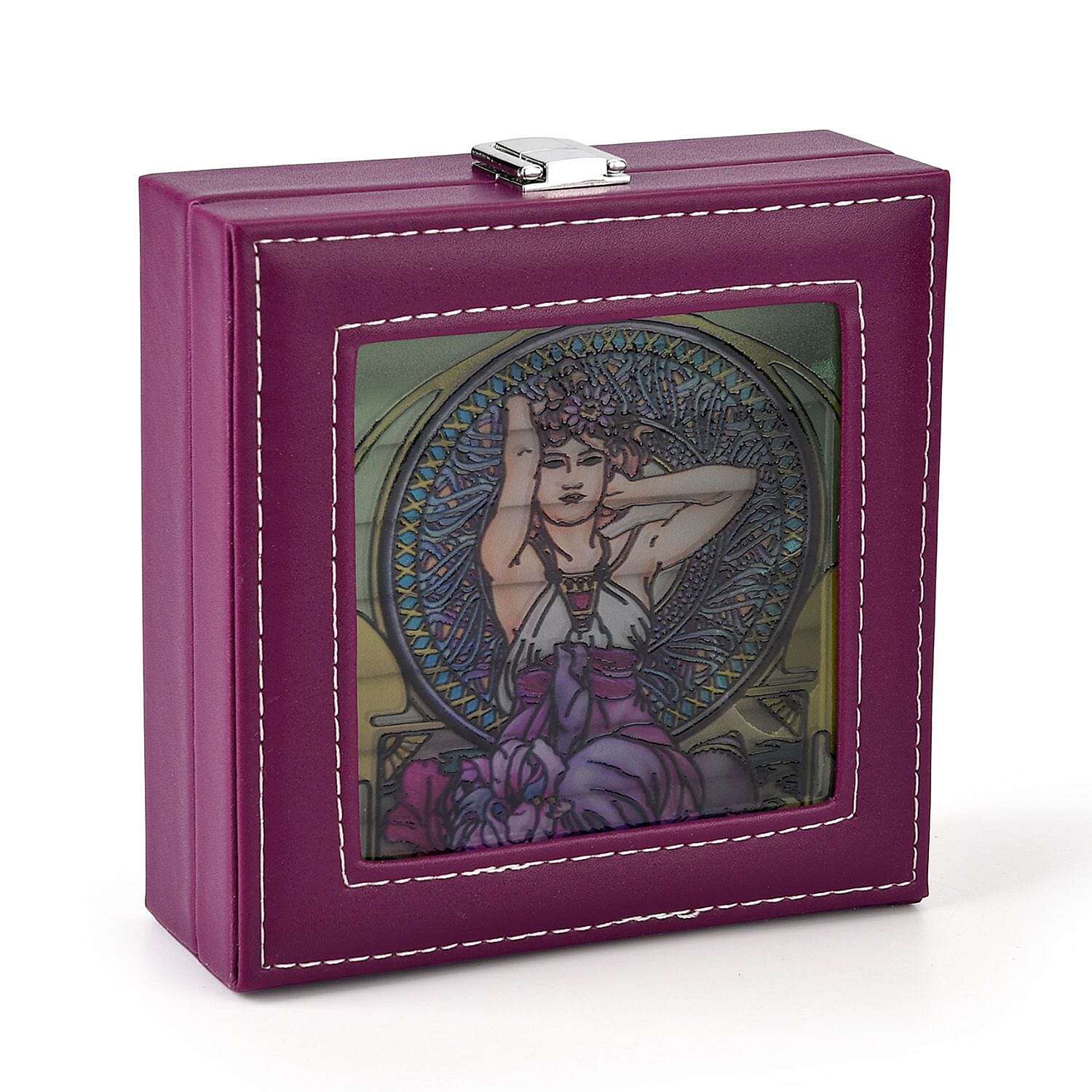 LIVMORE Multi-Slot Ring Storage Box with Suncatcher Glass Window (15.5 x 15.5 x 5.5 cm) - Purple