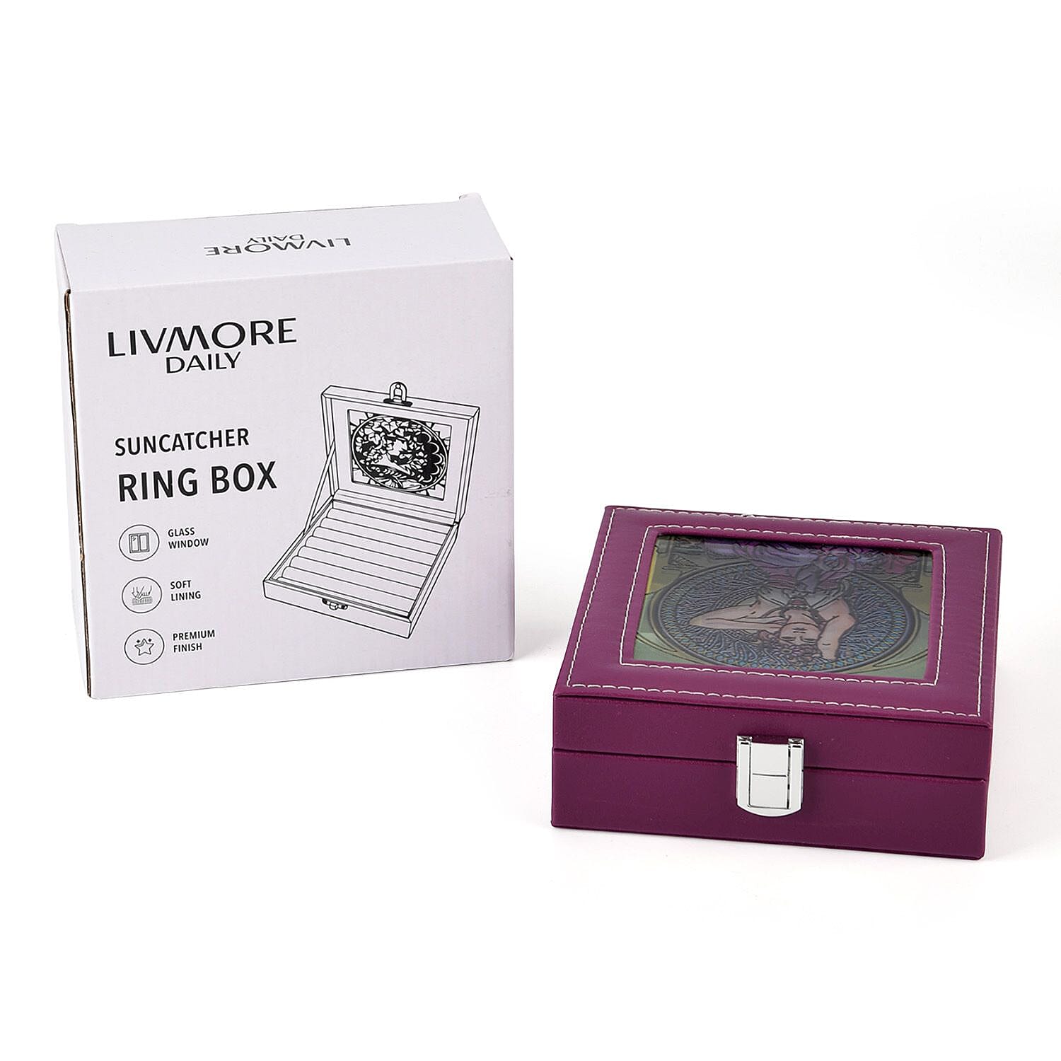 LIVMORE Multi-Slot Ring Storage Box with Suncatcher Glass Window (15.5 x 15.5 x 5.5 cm) - Purple