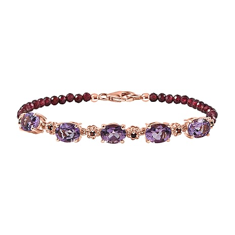 D'Joy AAA Rose De France Amethyst & Red Garnet Linking Bracelet (Size - 7) in 18K Vermeil Rose Gold Plated Sterling Silver 14.95 Ct.