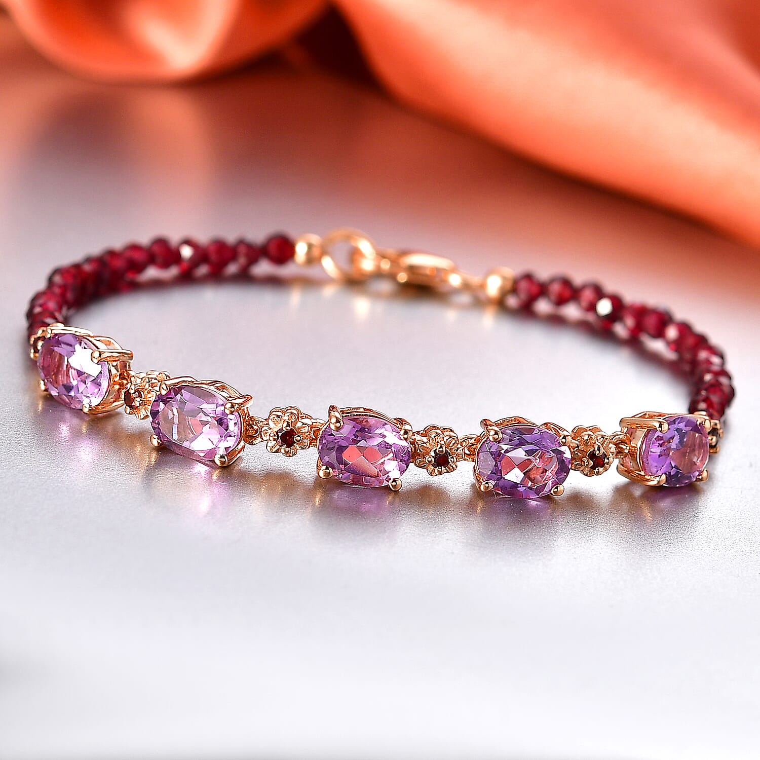 D'Joy AAA Rose De France Amethyst & Red Garnet Linking Bracelet (Size - 7) in 18K Vermeil Rose Gold Plated Sterling Silver 14.95 Ct.